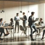 Sala moderna de coworking con emprendedores colaborando en laptops