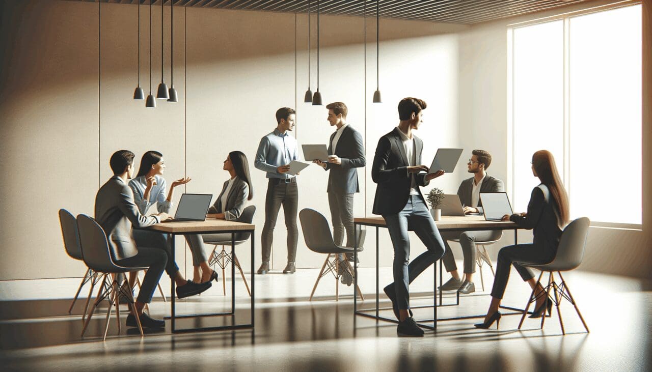 Sala moderna de coworking con emprendedores colaborando en laptops