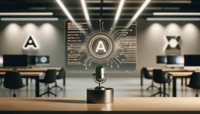 Pantallas con líneas de código y un logo genérico de inteligencia artificial en fondo difuminado