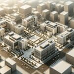 Vista aérea de un parque tecnológico con edificios modernos en un entorno empresarial