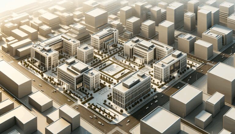 Vista aérea de un parque tecnológico con edificios modernos en un entorno empresarial