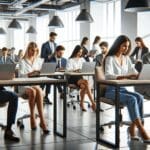 Oficinas modernas con equipos de jóvenes emprendedores trabajando en laptops