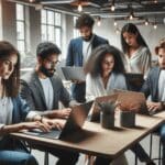 Equipo diverso de emprendedores trabajando en laptops en un espacio colaborativo moderno