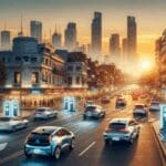 Ciudad latinoamericana con autos eléctricos circulando y estaciones de carga modernas al atardecer