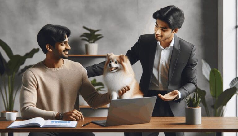 Emprendedor joven interactuando con una mascota junto a una laptop en entorno moderno