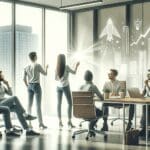 Oficina moderna de startup con equipo pequeño en sesión de brainstorming