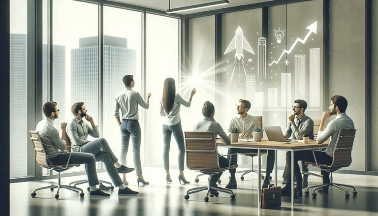 Oficina moderna de startup con equipo pequeño en sesión de brainstorming