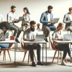 Oficinas de coworking modernas con emprendedores trabajando en laptops