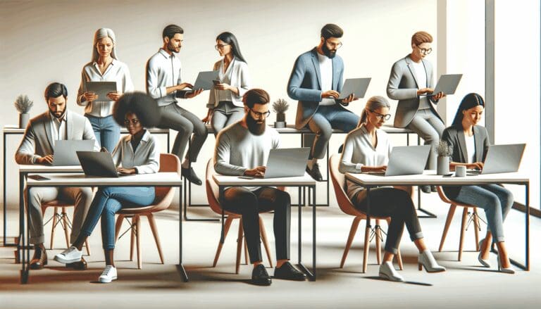 Oficinas de coworking modernas con emprendedores trabajando en laptops