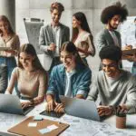 Jóvenes emprendedores en un evento de innovación con laptops y pizarras en un espacio moderno