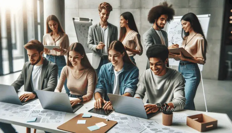 Jóvenes emprendedores en un evento de innovación con laptops y pizarras en un espacio moderno
