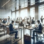 Oficinas modernas con equipo de emprendedores trabajando en laptops