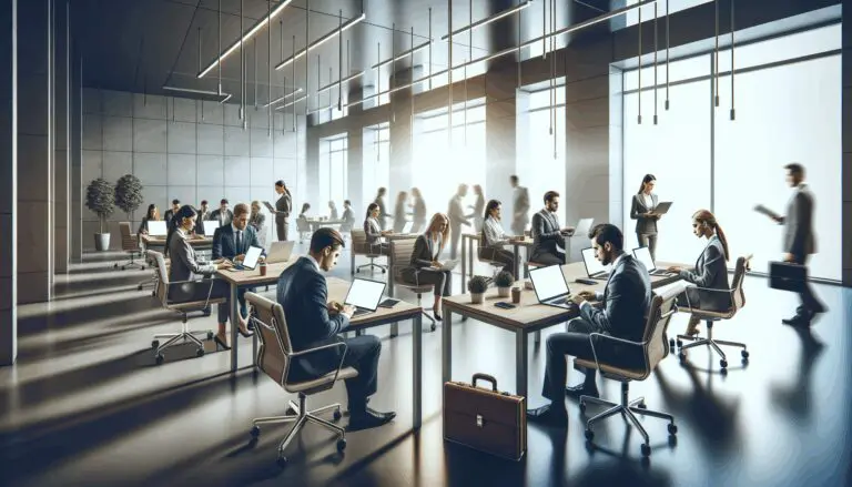 Oficinas modernas con equipo de emprendedores trabajando en laptops