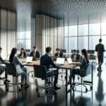 Oficina moderna con equipos trabajando en laptops en un entorno colaborativo y tecnológico