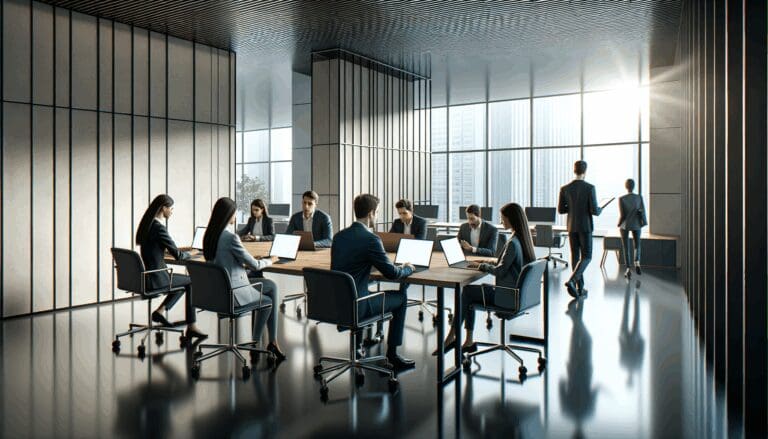 Oficina moderna con equipos trabajando en laptops en un entorno colaborativo y tecnológico