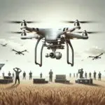 Drone volando sobre campo abierto con cielos claros y equipo técnico observando