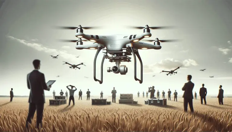 Drone volando sobre campo abierto con cielos claros y equipo técnico observando