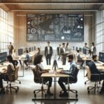 Equipo de emprendedores fintech trabajando en una oficina moderna con computadoras y pantallas de datos