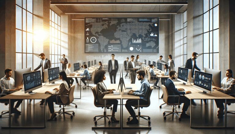 Equipo de emprendedores fintech trabajando en una oficina moderna con computadoras y pantallas de datos