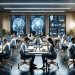 Personas trabajando en laptops en un espacio de coworking moderno con pantallas mostrando datos de IA