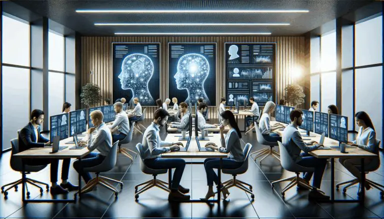 Personas trabajando en laptops en un espacio de coworking moderno con pantallas mostrando datos de IA