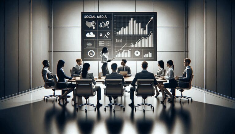 Equipo trabajando en una oficina moderna frente a una pantalla con gráficas de redes sociales