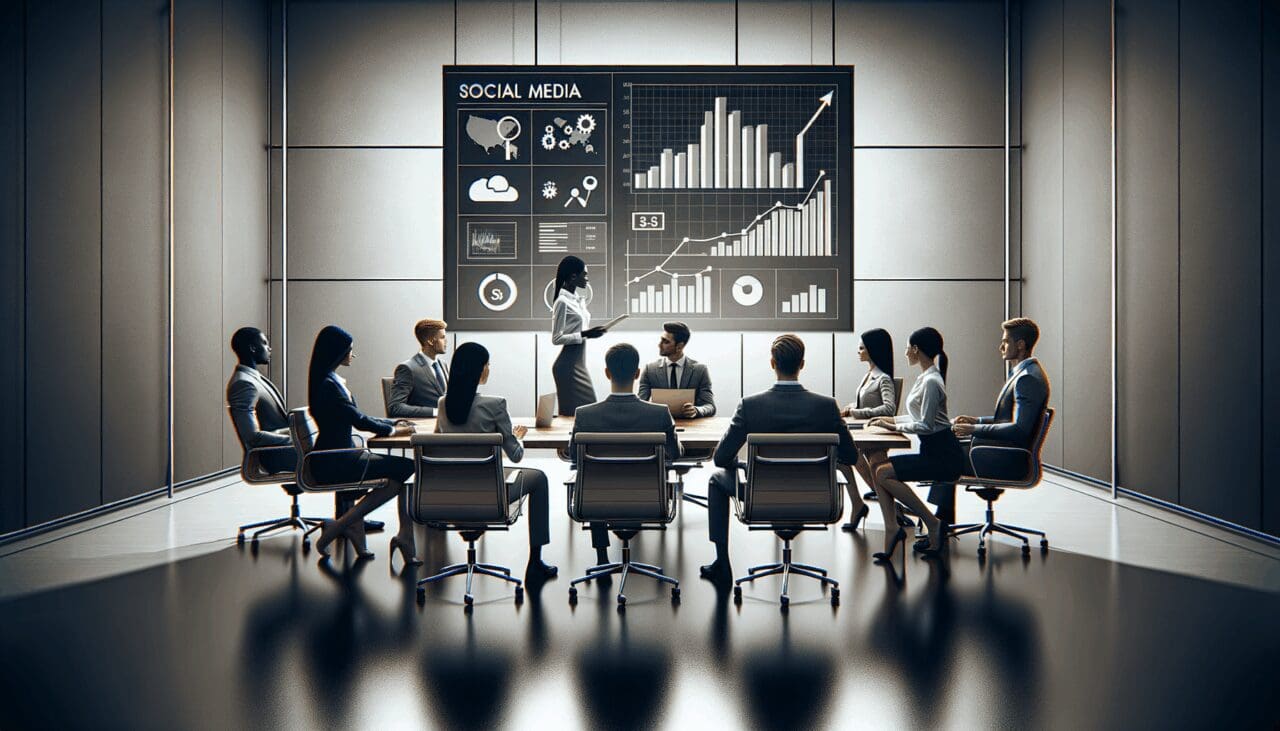 Equipo trabajando en una oficina moderna frente a una pantalla con gráficas de redes sociales