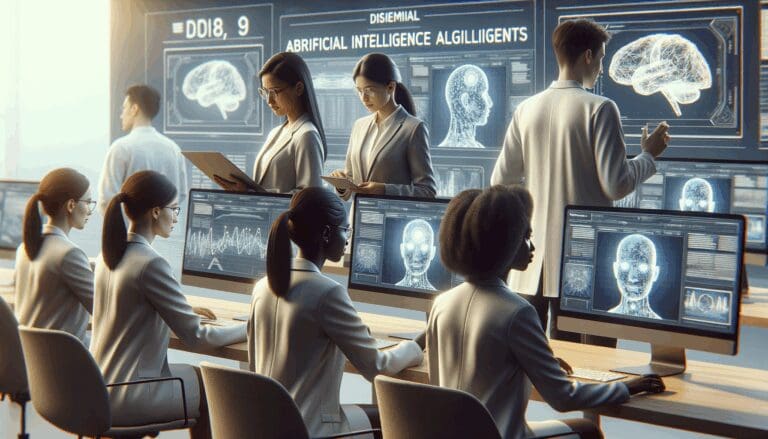 Investigadores trabajando frente a pantallas con algoritmos de inteligencia artificial en un entorno tecnológico