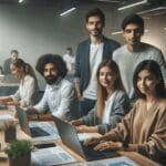 Equipo de desarrolladores trabajando en una plataforma digital de salud en un espacio de coworking moderno