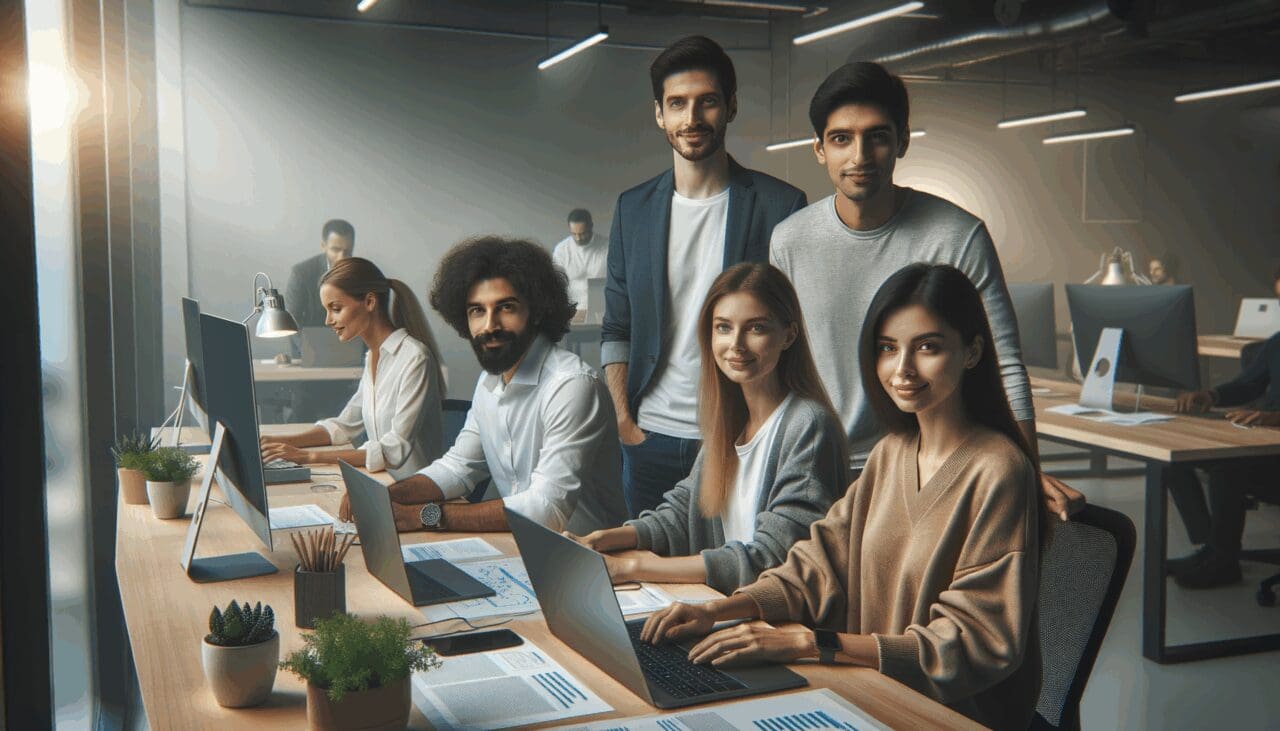 Equipo de desarrolladores trabajando en una plataforma digital de salud en un espacio de coworking moderno
