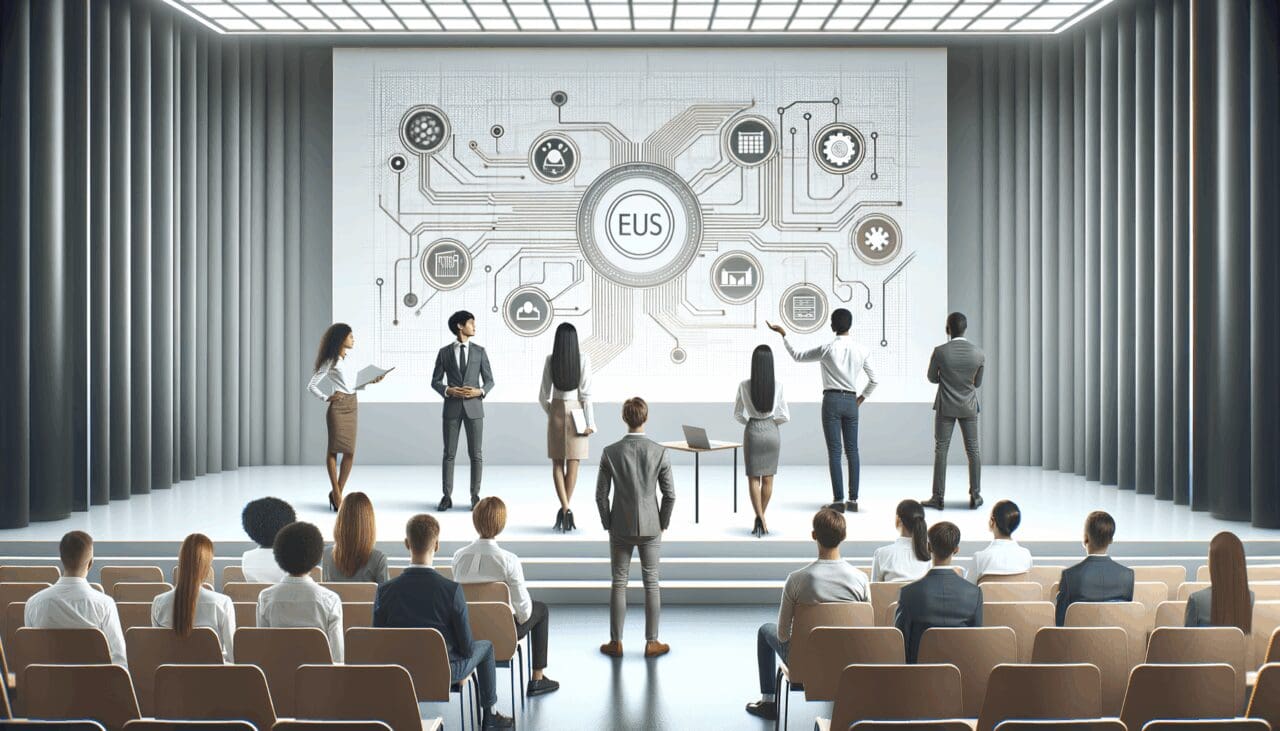 Jóvenes emprendedores en una presentación tecnológica en un auditorio moderno