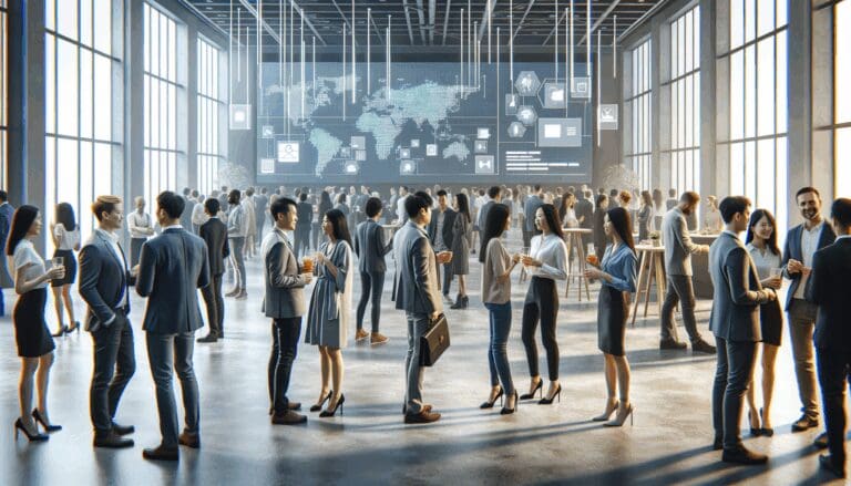 Personas en networking en un evento de startups con pantallas digitales y ambiente moderno