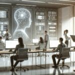 Equipo de ingenieros trabajando en inteligencia artificial en una oficina moderna con pantallas y servidores al fondo