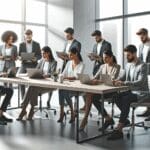 Oficinas modernas con emprendedores colaborando en laptops sobre una mesa compartida