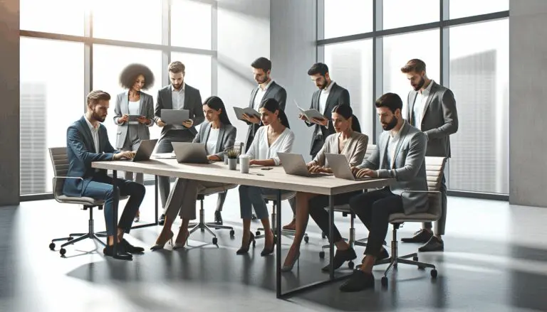 Oficinas modernas con emprendedores colaborando en laptops sobre una mesa compartida