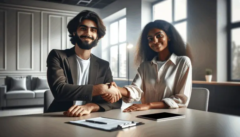 Dos jóvenes empresarios en una sala de reuniones moderna celebrando un acuerdo
