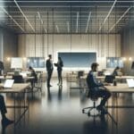 Equipo de emprendedores trabajando en un coworking moderno con laptops y pizarras digitales