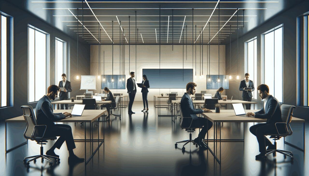 Equipo de emprendedores trabajando en un coworking moderno con laptops y pizarras digitales