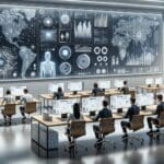 Oficinas modernas con equipo desarrollando inteligencia artificial en pantallas