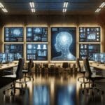 Oficina moderna de una startup tecnológica con luces tenues y pantallas con gráficos de inteligencia artificial