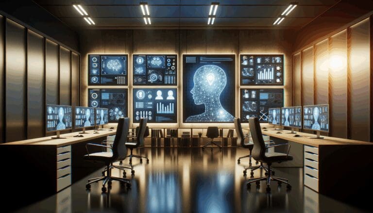 Oficina moderna de una startup tecnológica con luces tenues y pantallas con gráficos de inteligencia artificial
