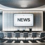 Salón de conferencias moderno con sillas vacías y una pantalla de presentación encendida