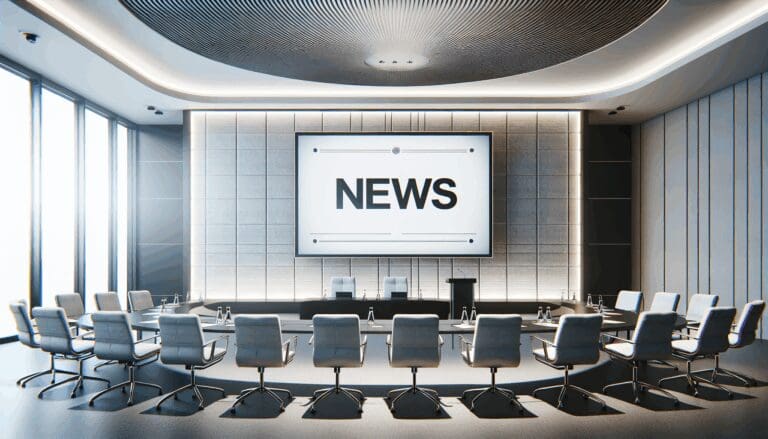 Salón de conferencias moderno con sillas vacías y una pantalla de presentación encendida