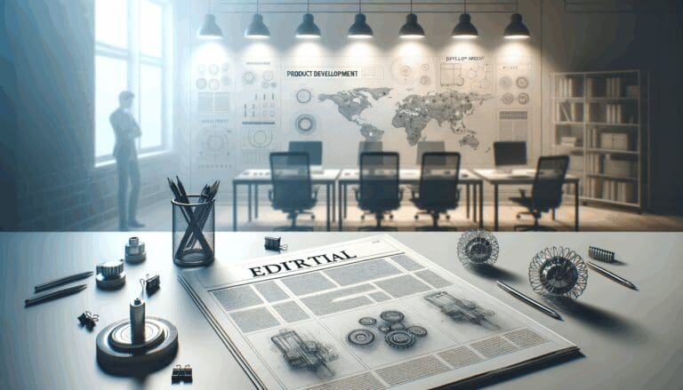 Mesa de trabajo con bocetos y muestras de un producto innovador en desarrollo.