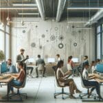 Participantes en coworking colaborando en un ambiente moderno y tecnológico