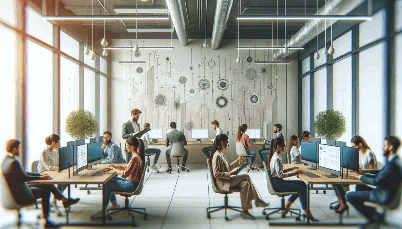 Participantes en coworking colaborando en un ambiente moderno y tecnológico