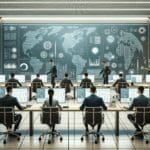 Personas trabajando en una oficina moderna con pantallas de datos y tecnología