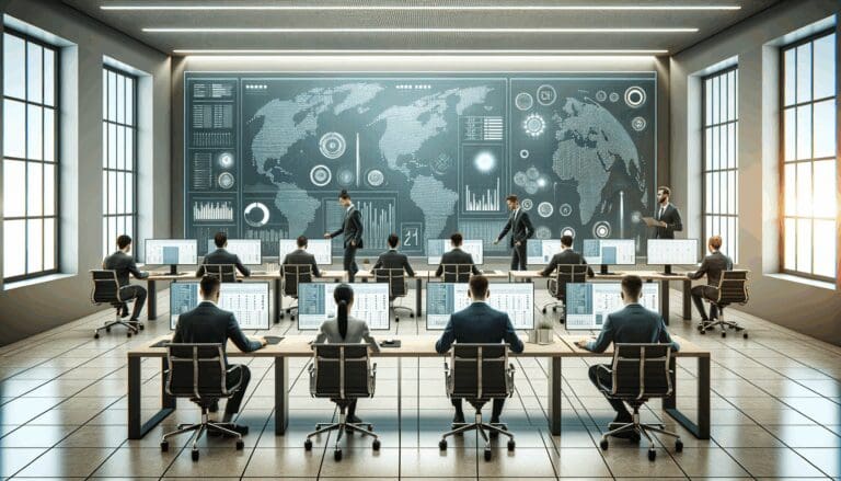 Personas trabajando en una oficina moderna con pantallas de datos y tecnología