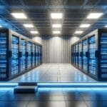 Sala de servidores con luces LED azules y racks de computadoras en un entorno tecnológico moderno