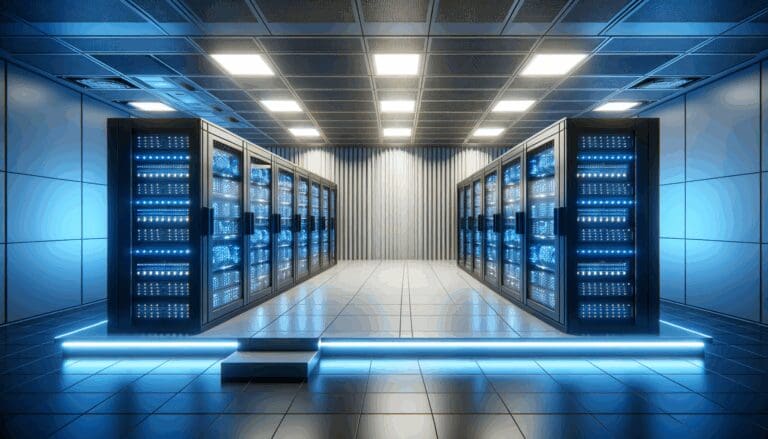 Sala de servidores con luces LED azules y racks de computadoras en un entorno tecnológico moderno